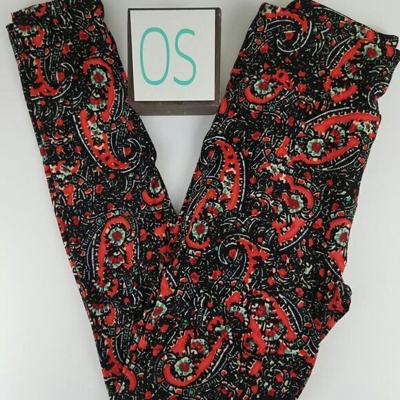LuLaRoe OS Leggings Black Red Green Paisley Holiday NEW - Picture 1 of 1
